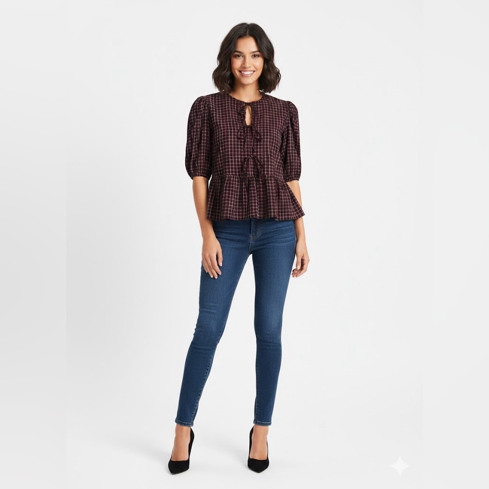 Time and Tru Tie Front Peplum Top With Short Puff Sleeves Red and Black
